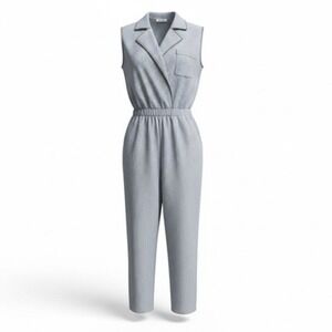Vtg Jumpsuit LG Blue Stripe Sleeveless Shawl Collar Elastic Waist One Piece